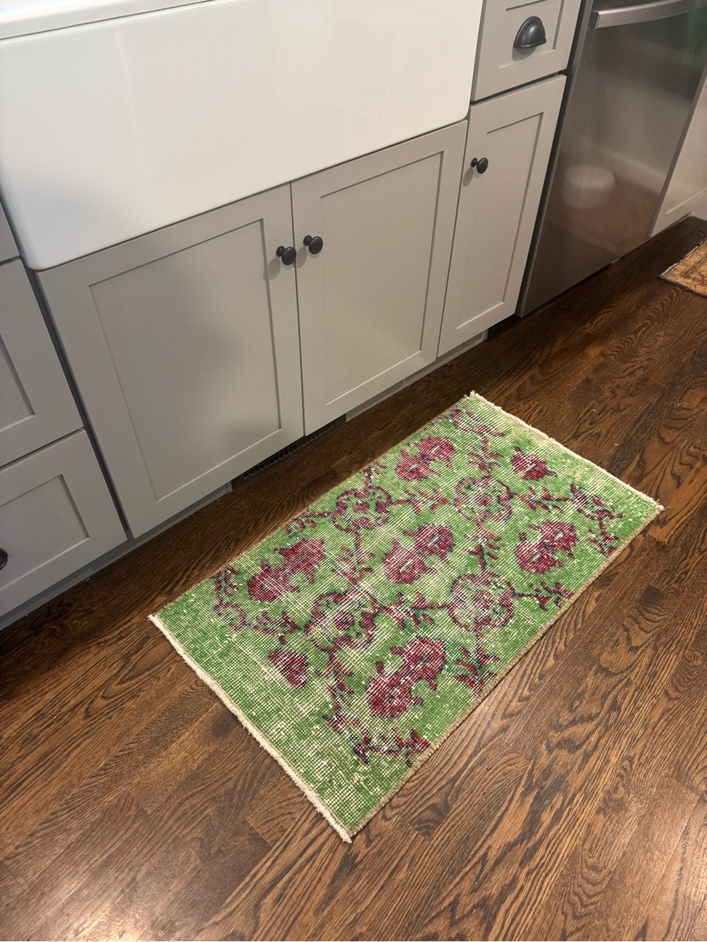 Vintage Overdyed Turkish Green and Burgundy Floral Accent decor